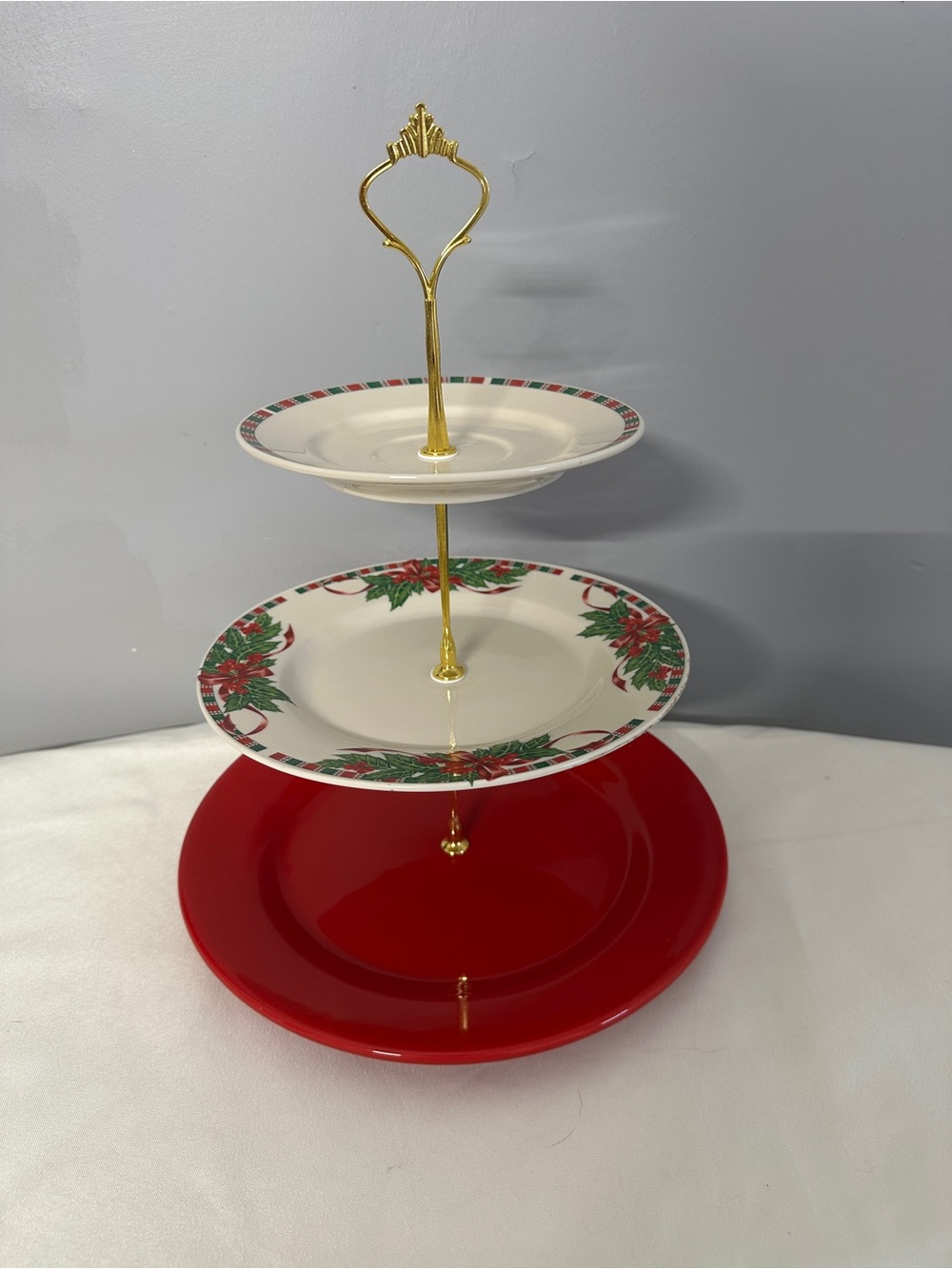 Three-Tier Holiday Serving Stand - Christmas Red & White Ribbons & Berries